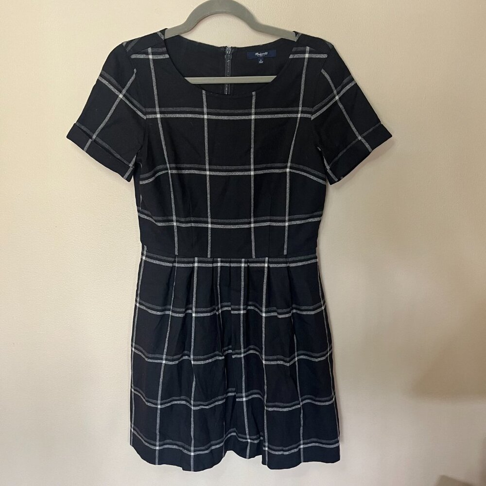 Madewell Women’s Twirl Dress Black Plaid Wool w/ Pockets | Size 2 | Retail $168